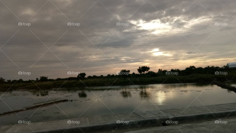 Sunsets reflection on a fish pond.