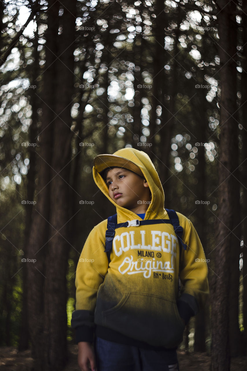 Seasonal outdoor portrait of a lonely Eurasian kid hiking in a pine forest wood.Natural setting, the boy is wearing yellow sweater with hood and cap, looking away surrounded by pinetrees and magical day light bokeh