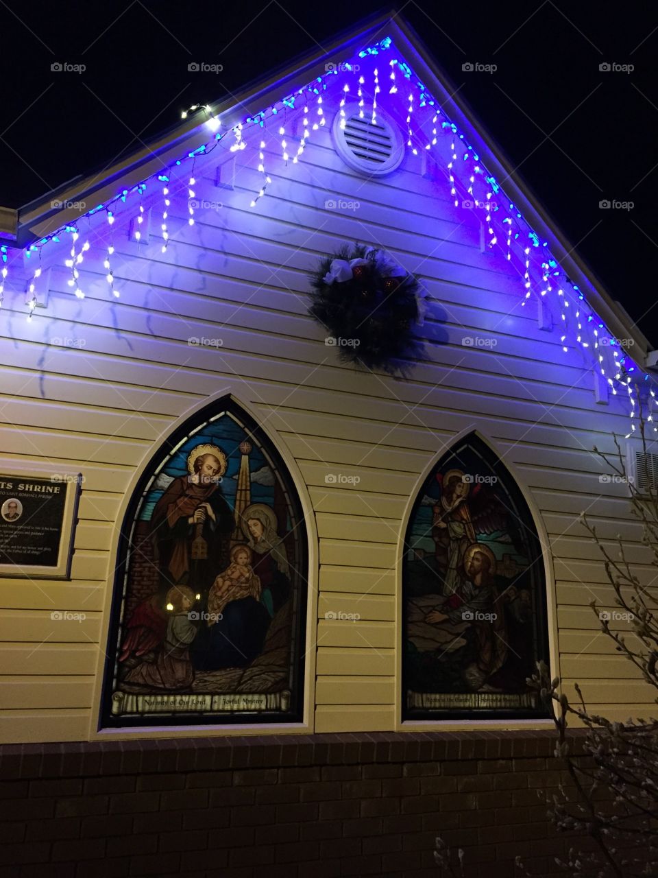 The Catholic grotto in my town lit with Christmas lights
