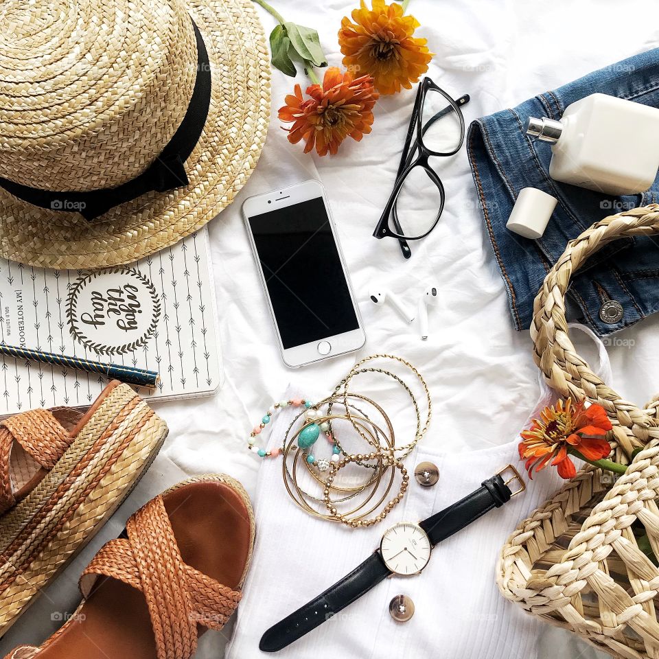 Summer flat lay photo. Summer accessories 