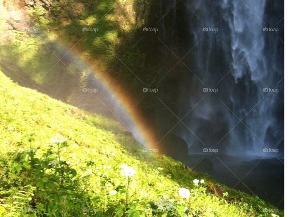 Rainbow at the base of Multnomah Falls. Located in Oregon, Multnomah Falls is a beautiful waterfall that is 611 feet tall. 