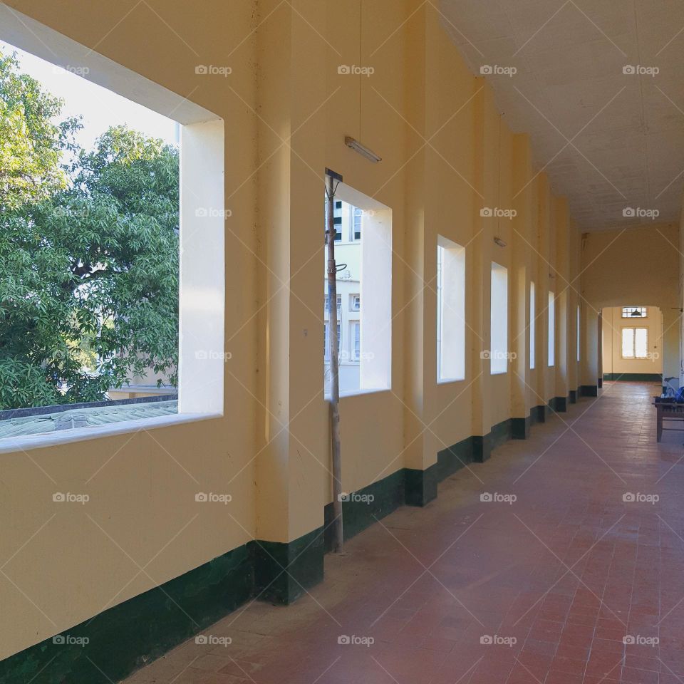 Long corridor of the building and entrance