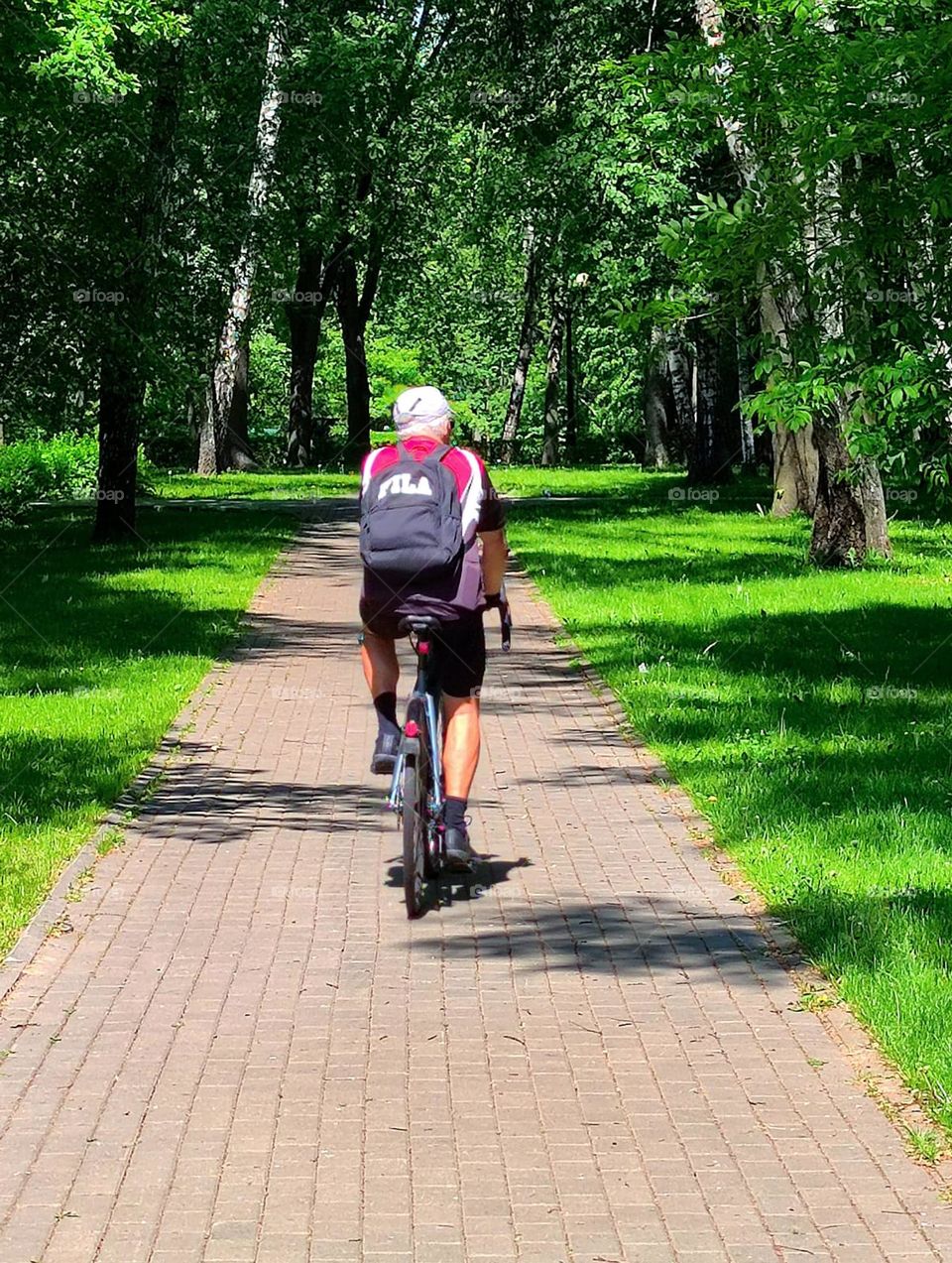 Summer in the city.  A park.  Grandpa rides a bicycle along the path.  Green trees and green grass around the path