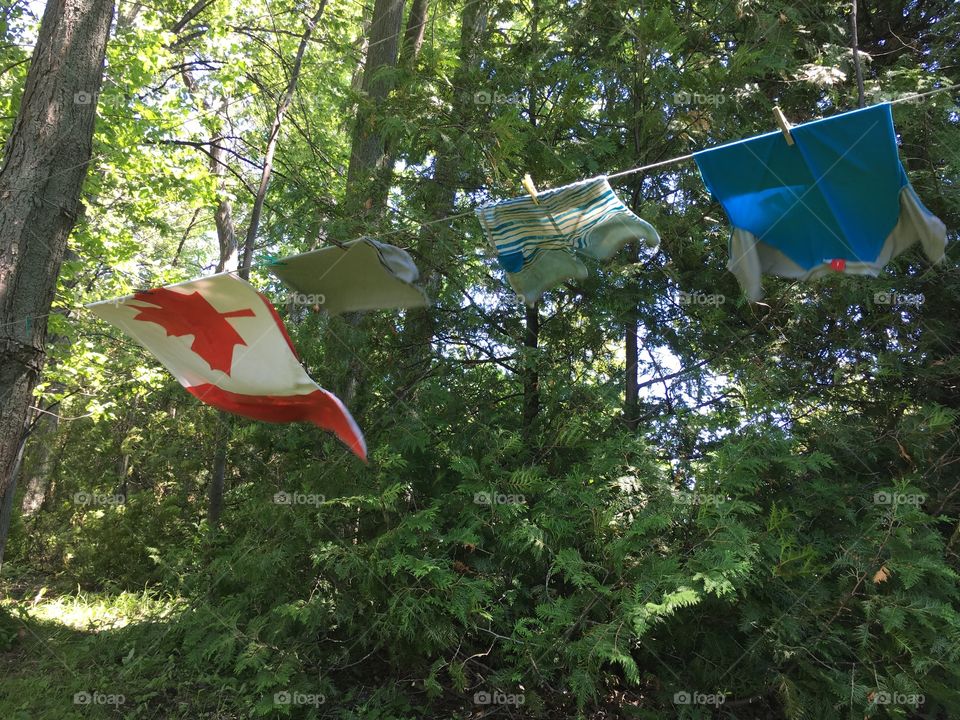 Camping in the forest Canadian flag on clothes line with swimming trunks and t-shirt conceptual summer vacation adventure travel off the beaten path  in Canada photography  