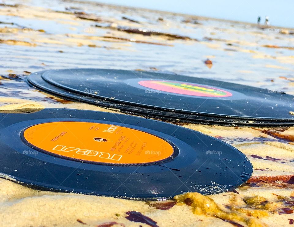 Beach scene vintage vinyl music records