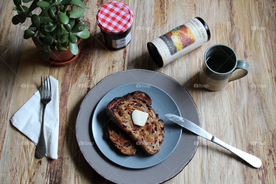 High angle view of breakfast on table