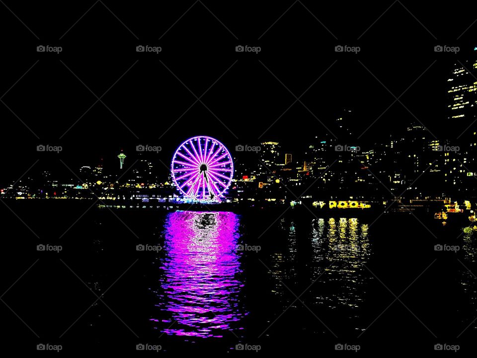 Seattle Waterfront Great Wheel at Night