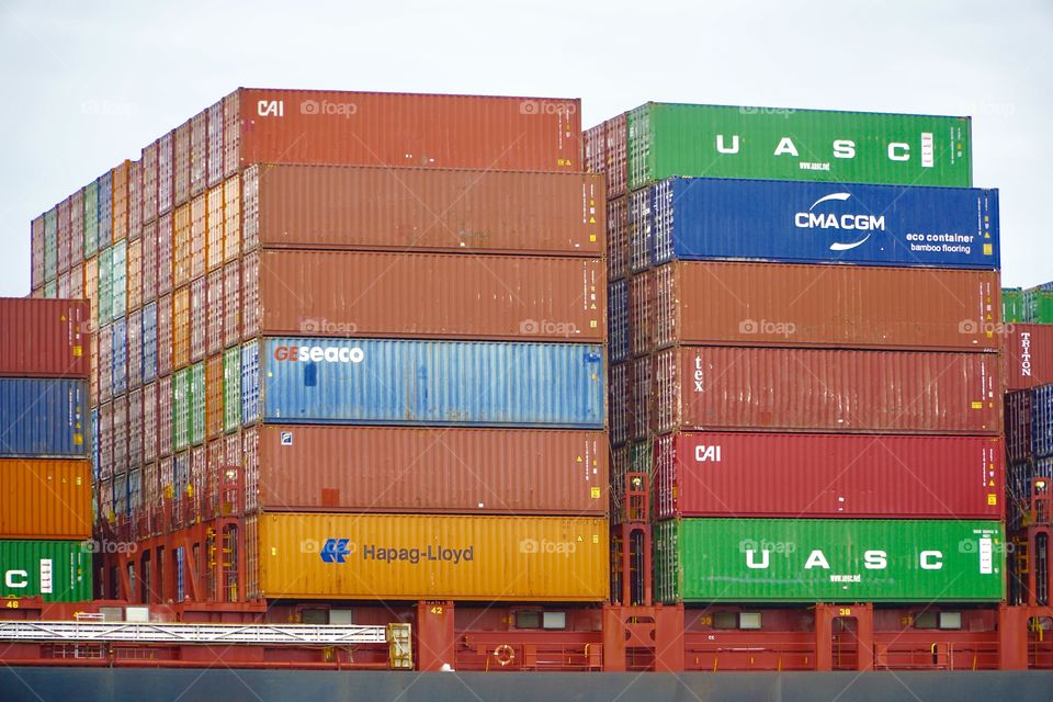 Stacked containers on a container Ship