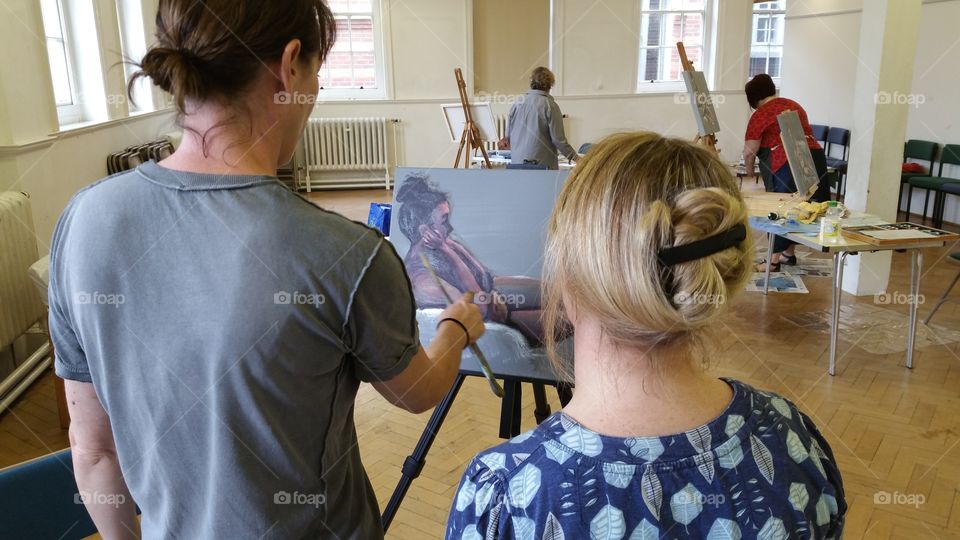 teacher and student 
nude female art on canvas,  life class