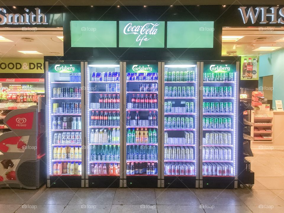 Fridge with drinks at Copenhagen airport in Denmark.