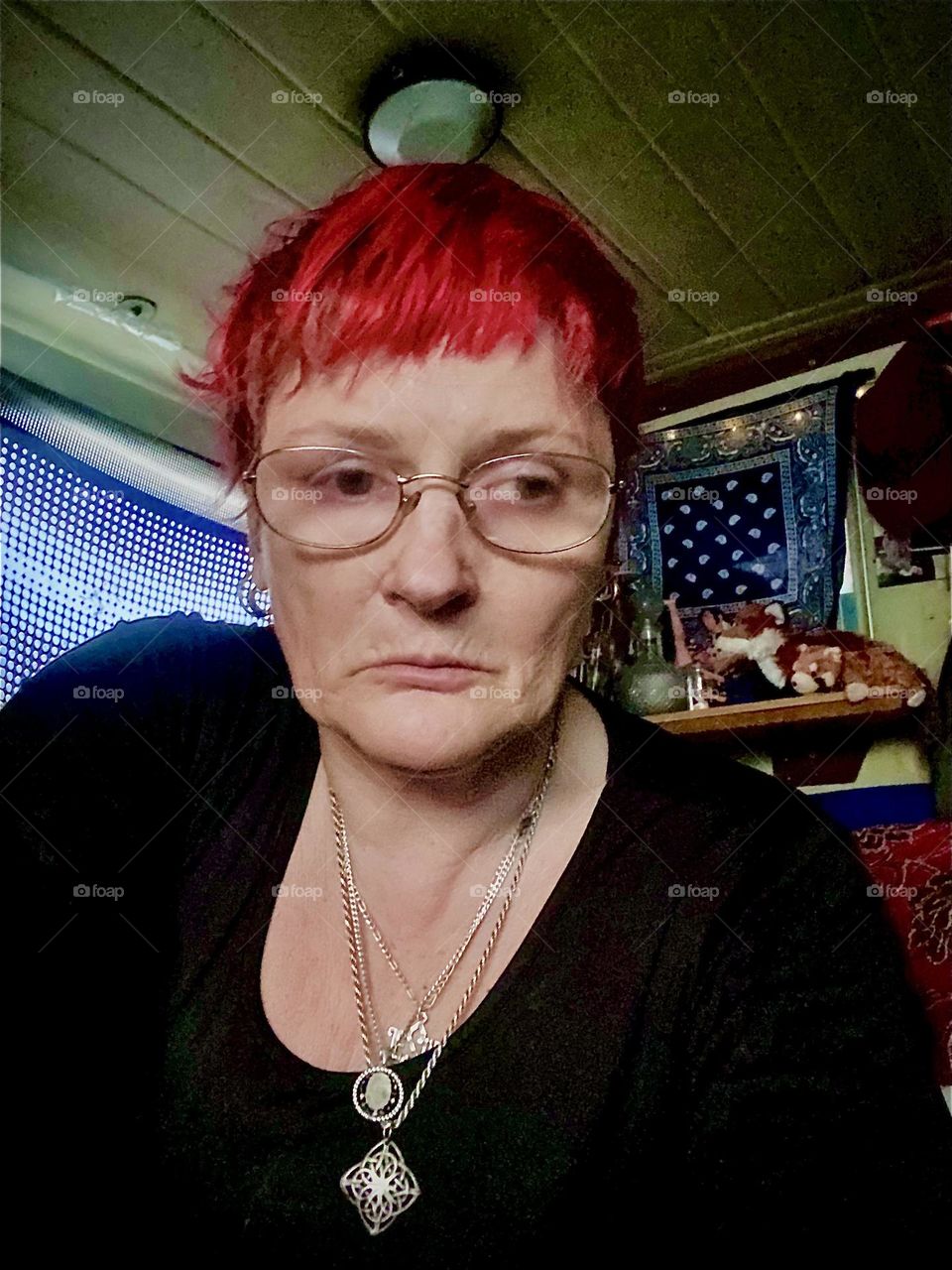 Inside my boat cabin aboard the “Salvation” contemplating over bright red hair … 2023. Hypnotic Productions