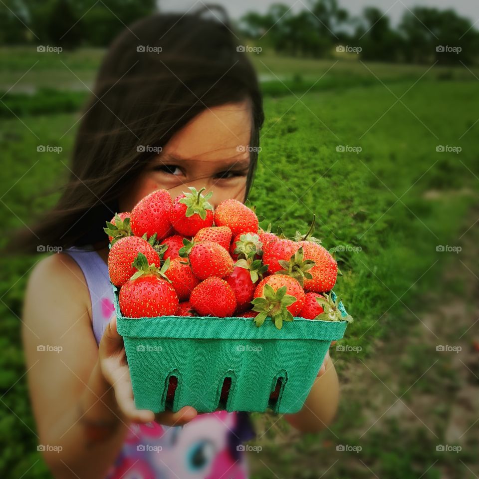 Portrait of girl holding strawberries