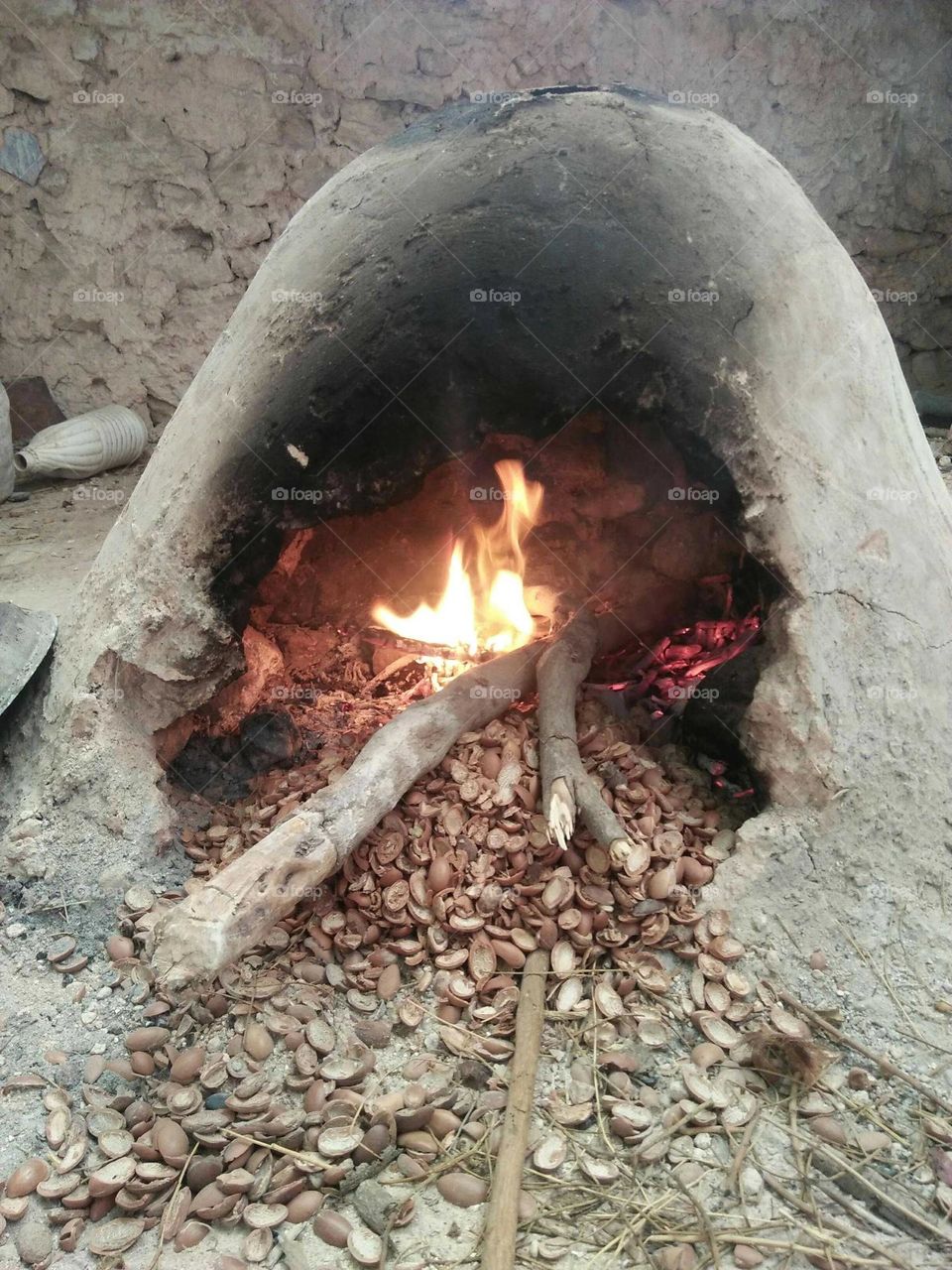 Near the fire stove in winter.