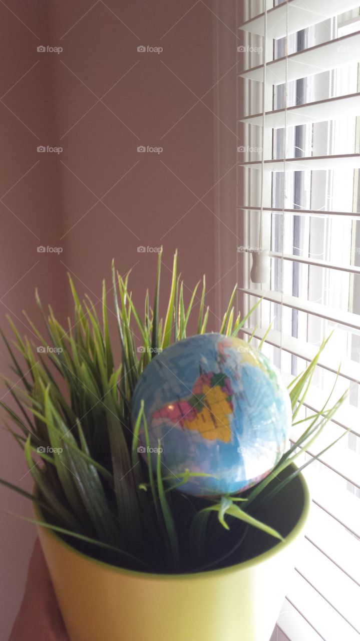 world ball on green vase
