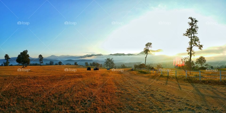 The morning sunrise among the vast fields and beautiful nature.  Travel and vacation.