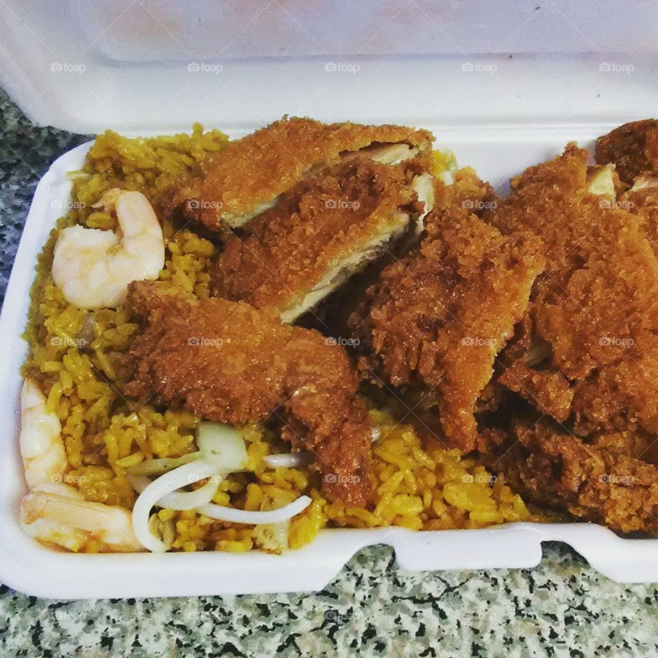 a crispy chicken dinner at a local carry-out in downtown New Haven CT