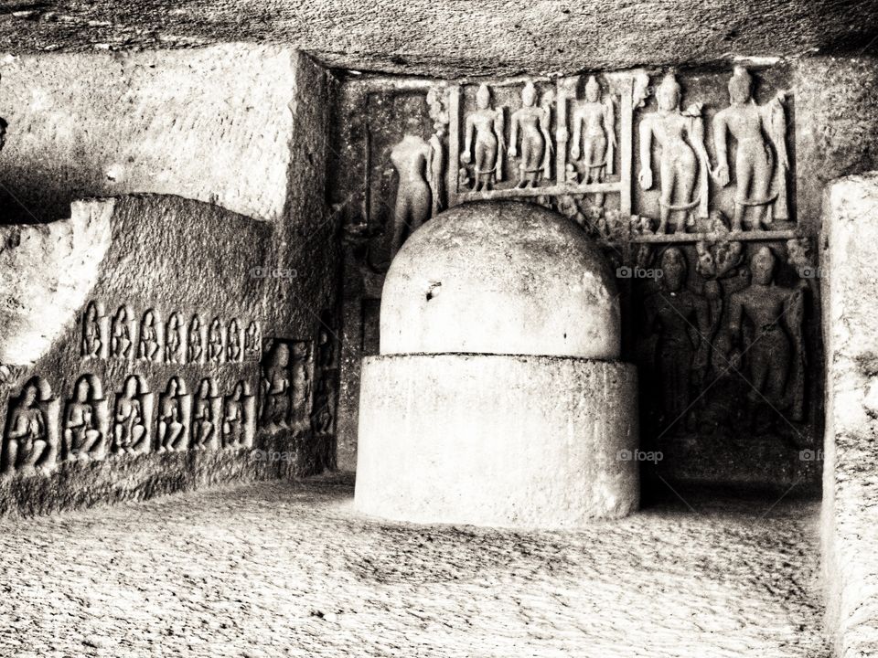 Black and white picture of small stupa at Elephanta caves off Mumbai