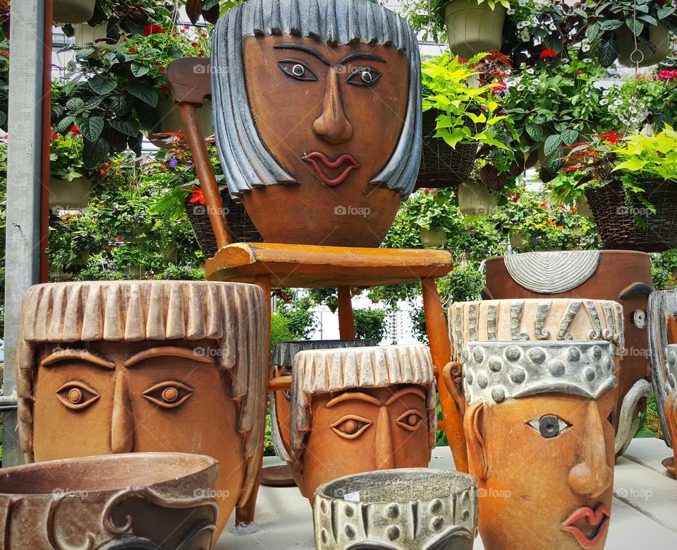 Terracotta face pots for garden