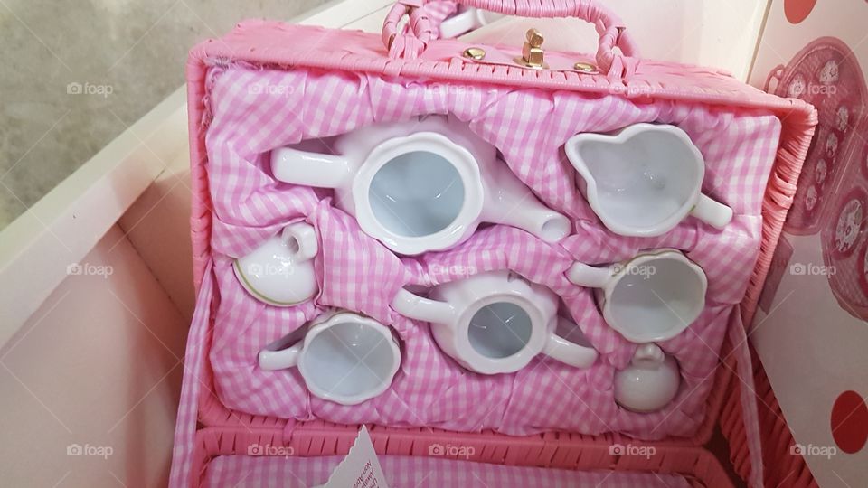 pretty in pink teaset in a basket