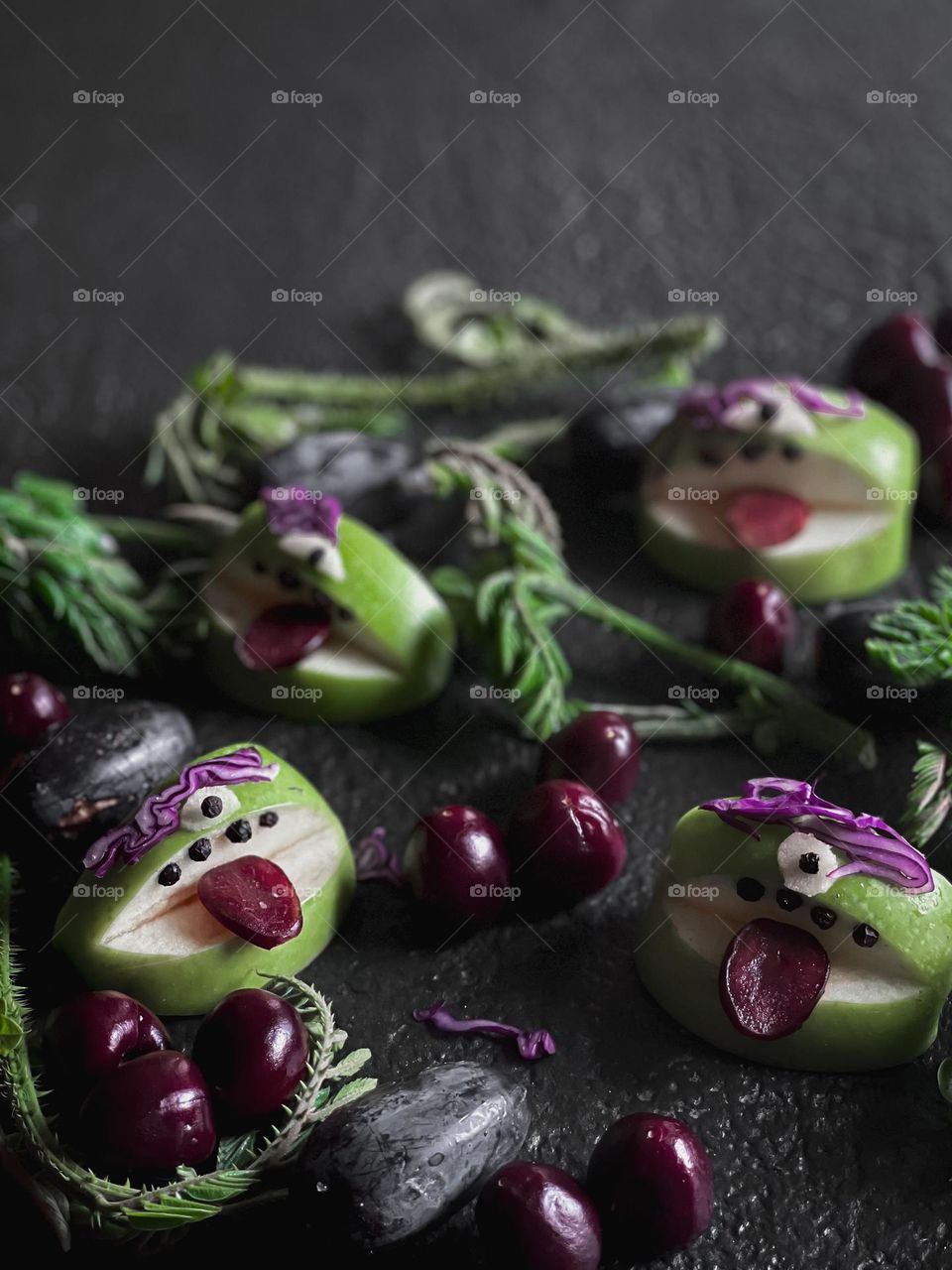 Eat your vegetables monsters for halloween. Fresh fruits and vegetables 