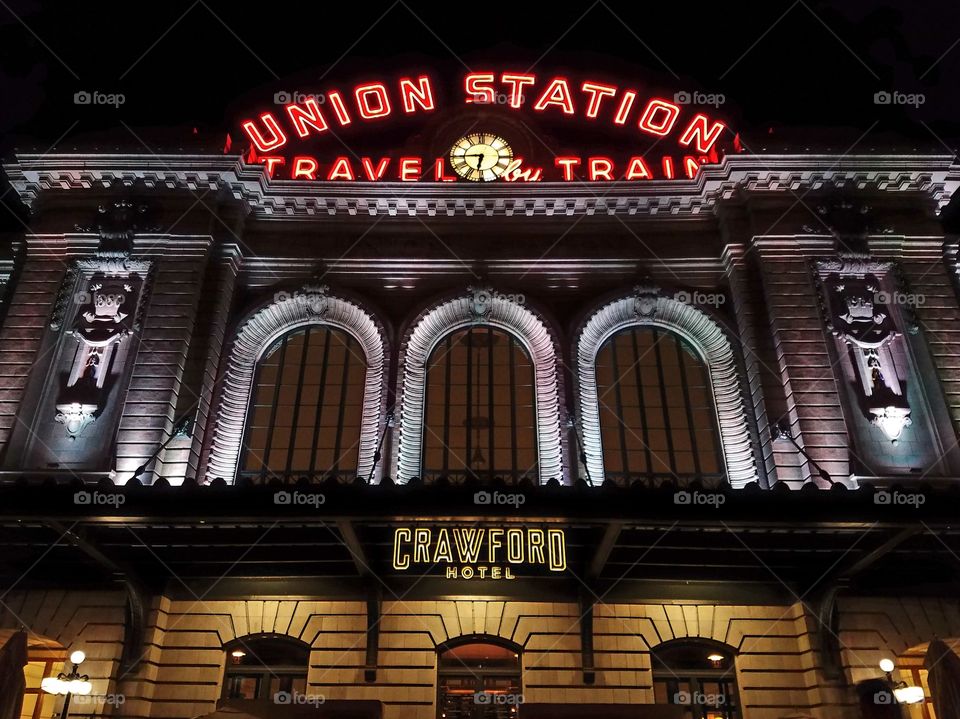 Union Station at night in Denver, Colorado
