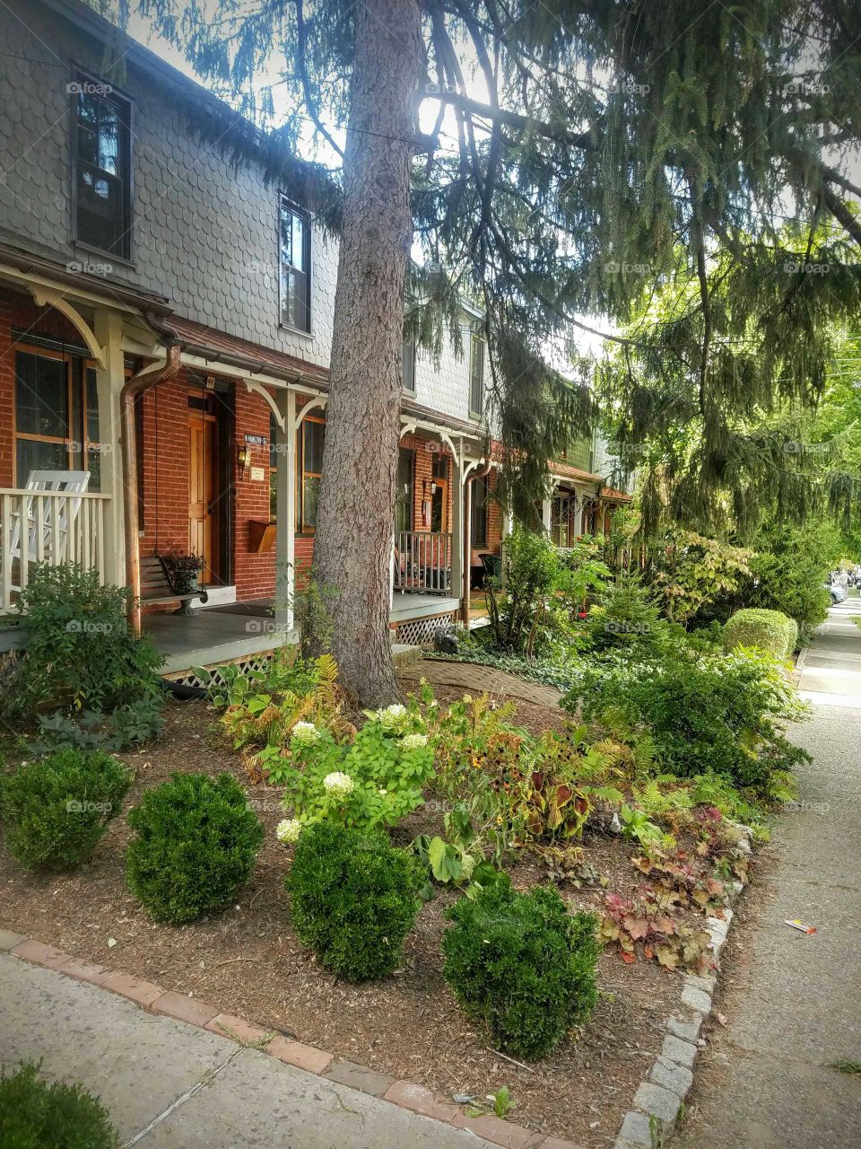 These historic row homes in Doylestown had lovely garden features instead of grass yards.