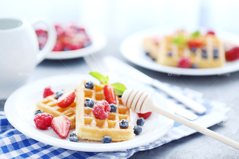 Summer photo. Belgium waffles with berries