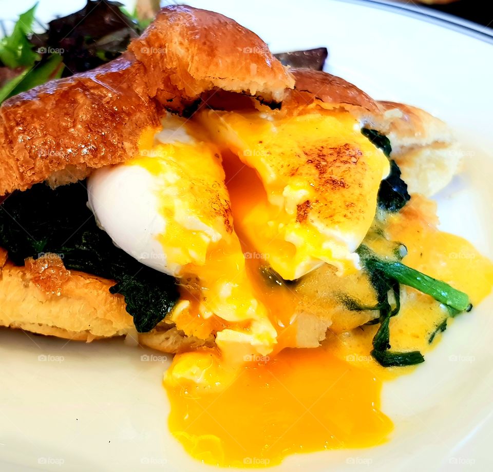 A dish of croissant egg benedict