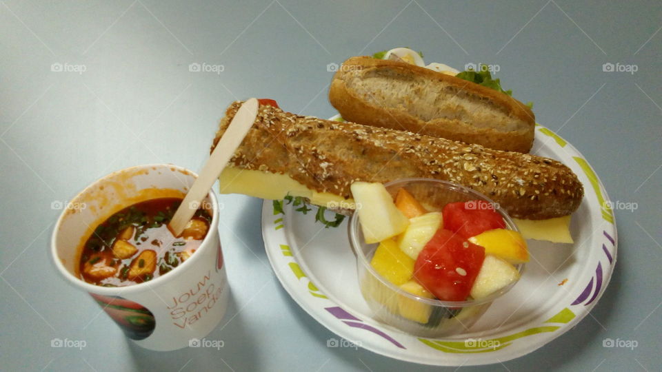 Lunch With Soup, Bread And cheese Fruit