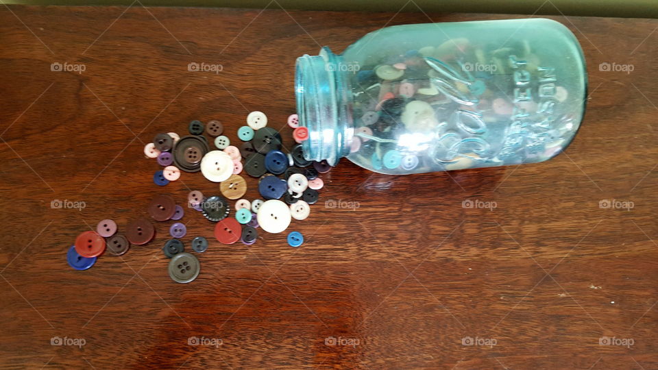 vintage buttons. antique blue Ball jar with vintage buttons