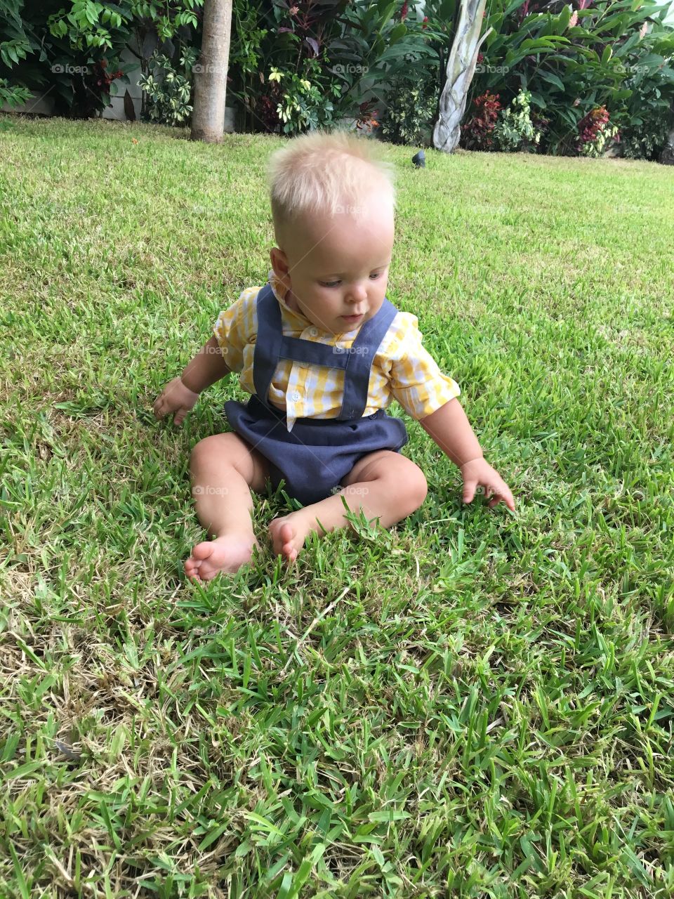 A cute little 6 month old boy playing on the grass 
