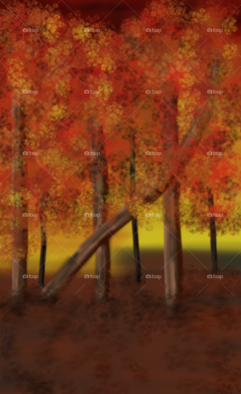 This is a digital art piece of a forest with trees and red, yellow and orange leaves to resemble the autumn season!