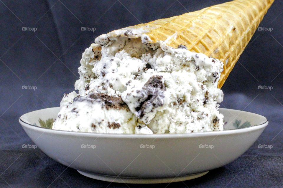 Waffle cone ice cream in bowl