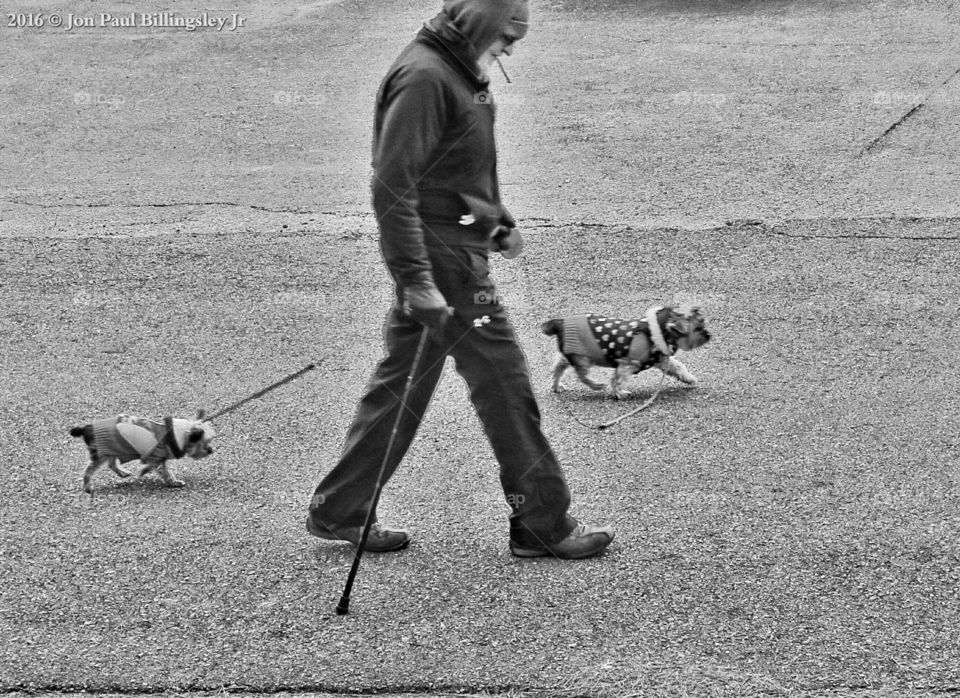 This man walks this street everyday with his cane, his cigar and his two dogs.