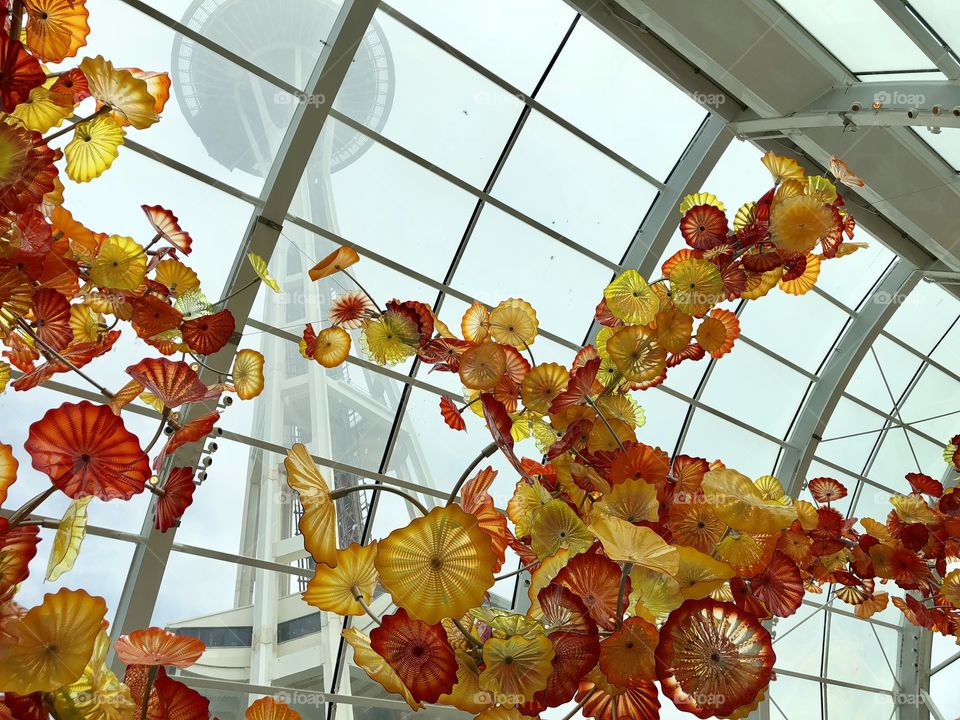 Chihuly glass sculpture with Space Needle in Seattle