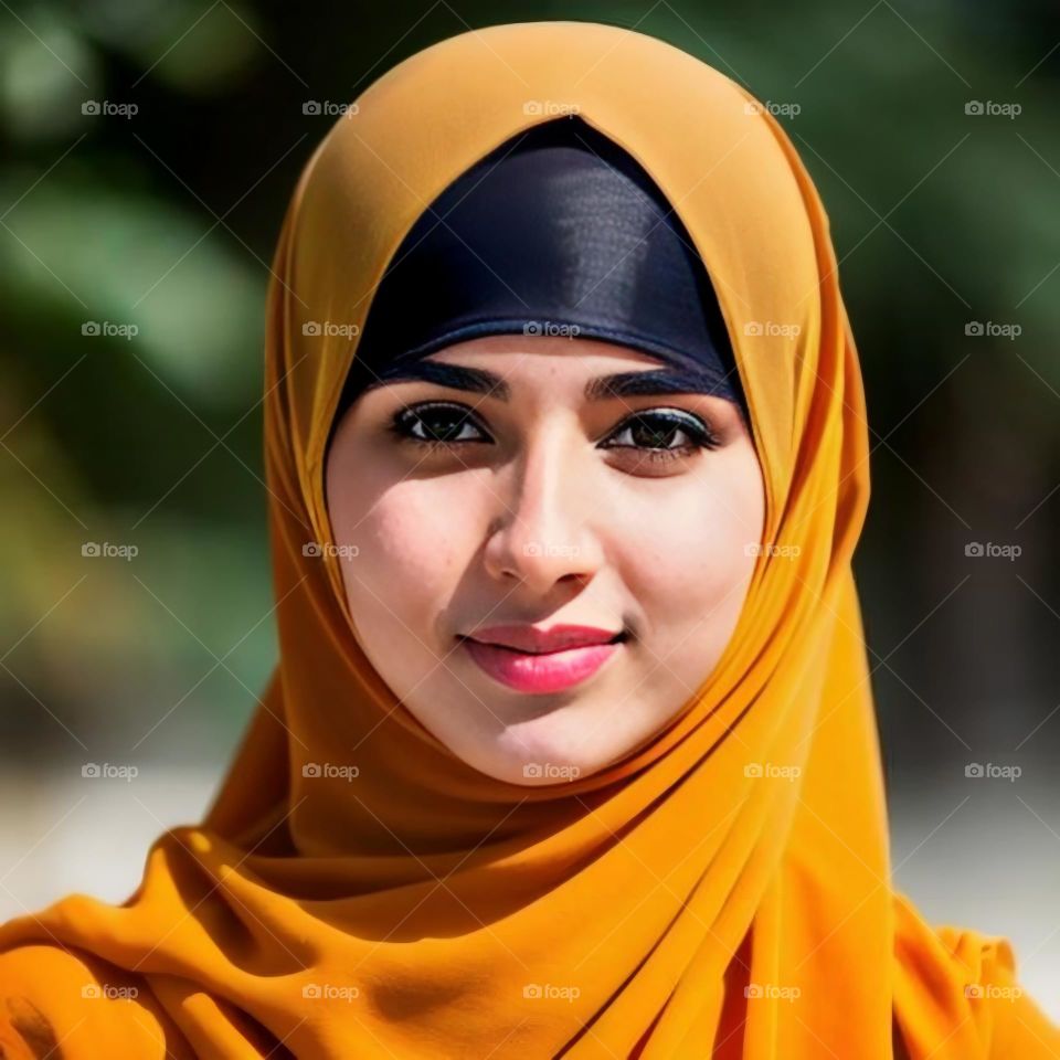 Beautiful Muslim girl wearing yellow burqa closeup photography