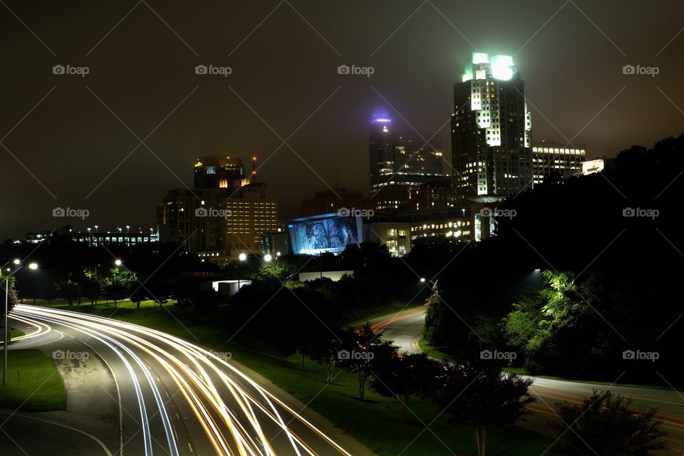A long exposure of downtown Raleigh North Carolina at nighttime. 