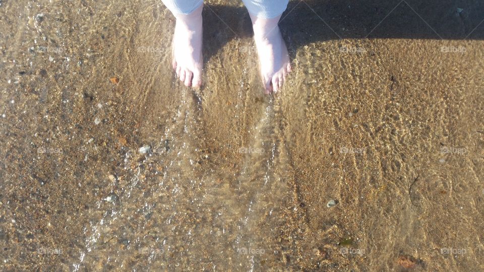 First steps into the Northern Atlantic in Bar Harbor, Maine. Two bare feet in the cold water in early summer.