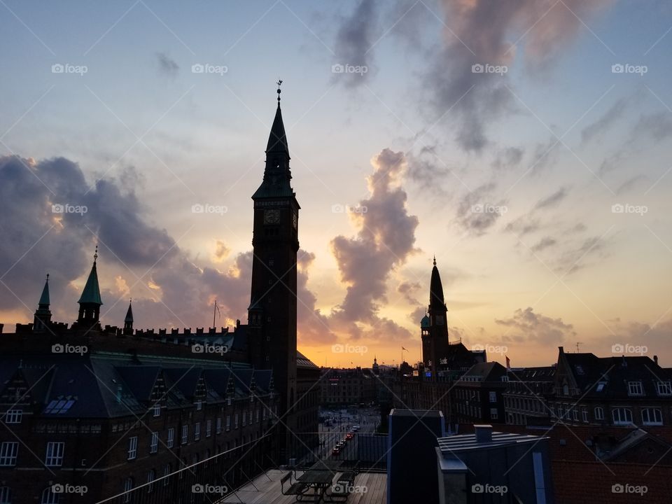 Rooftop views of a sunset in Copenhagen