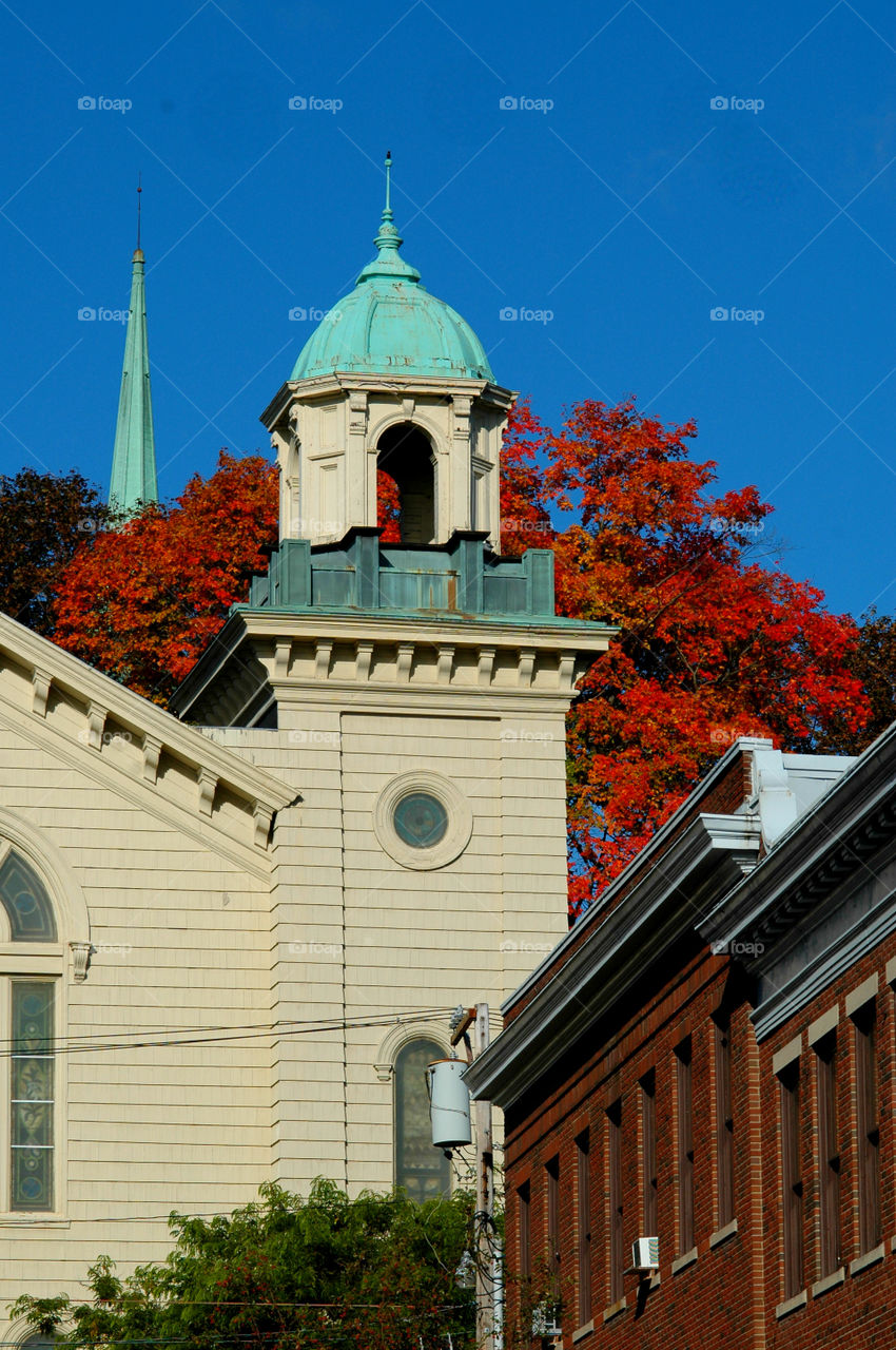 Close-up of tower against autumn tree