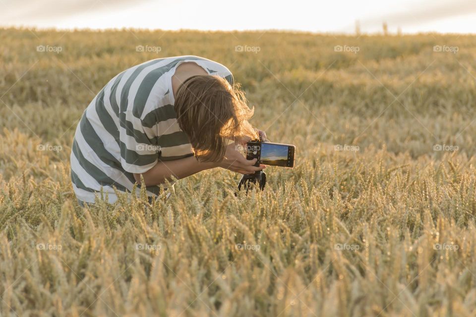 a teenager photographs spikelets in a wheat field on a phone camera which.