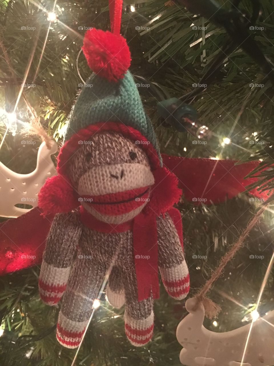 Sock Monkey tree. Sock monkey ornaments in a Christmas tree