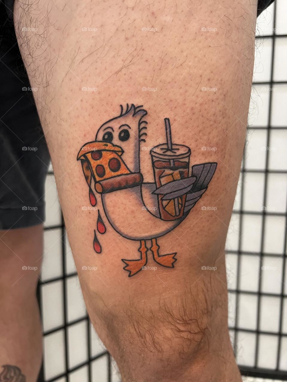 Seagull eating pizza and drinking soda, junk food seagull tattoo, tattoos on the leg, funny tattoos on men 