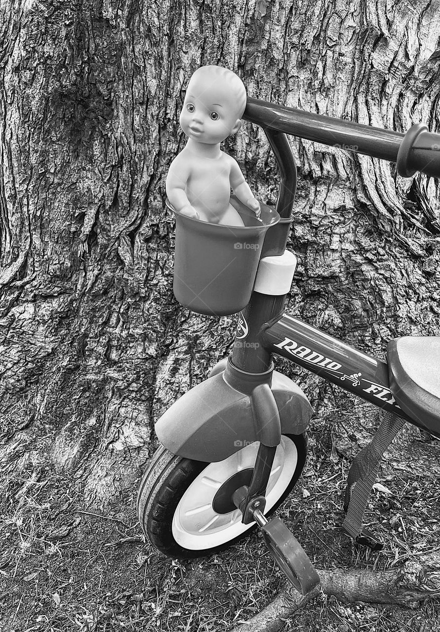 Black and white abandoned bicycle, abandoned radio Flyer bike, lonely tricycle with baby doll, child abandoned bike and baby