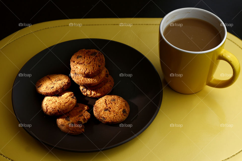 chocolate chip cookies and a mug of coffee