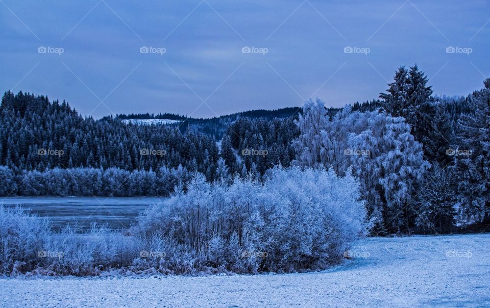 Frozen blue lake