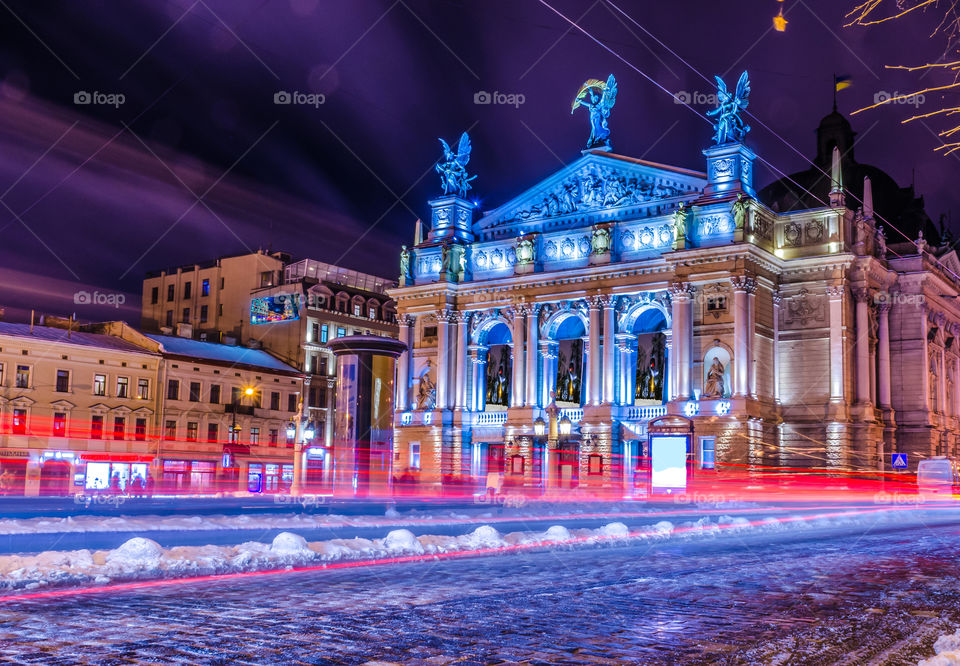 Night city scene in Lviv city