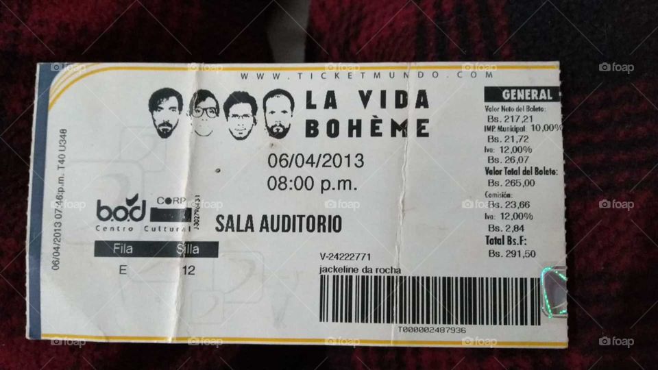 Ticket to La Vida Bohème playing in Caracas, Venezuela in 2013