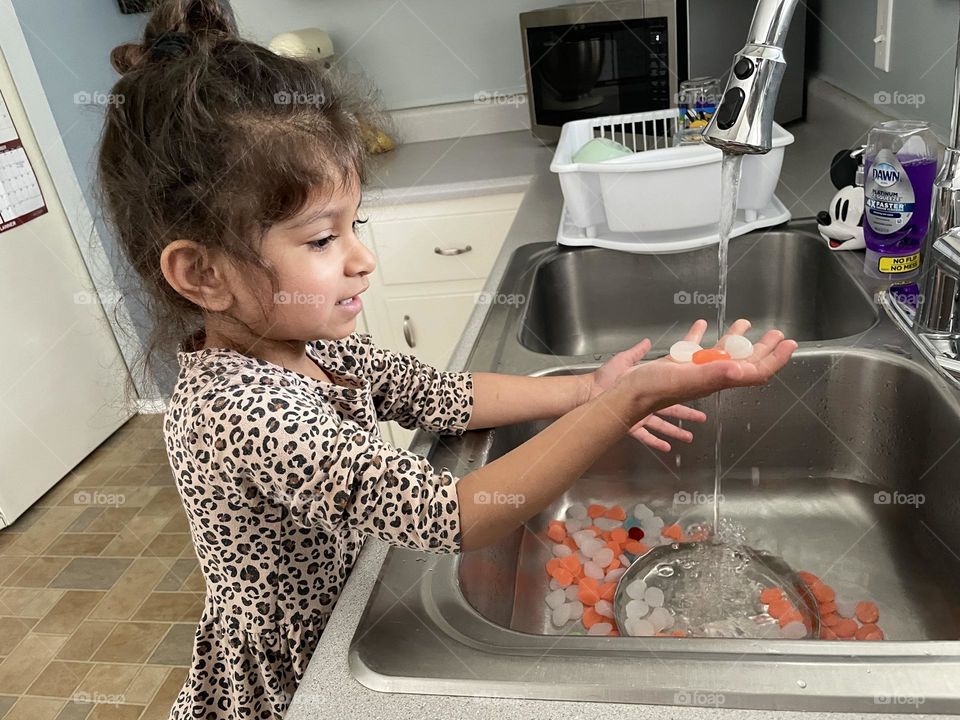 Toddler girl washes rocks in sink, toddler girl sets up fish tank, washing rocks for fish, cleaning a fish tank 