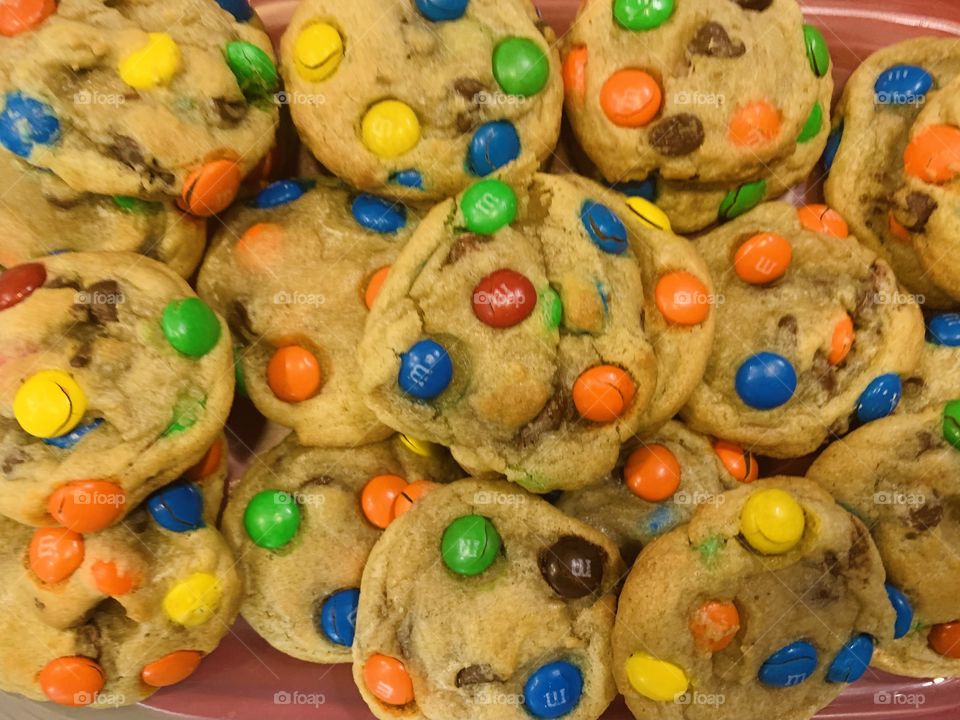Delicious cookies of rainbow colored chocolate chips- M&M chocolate chip cookies 